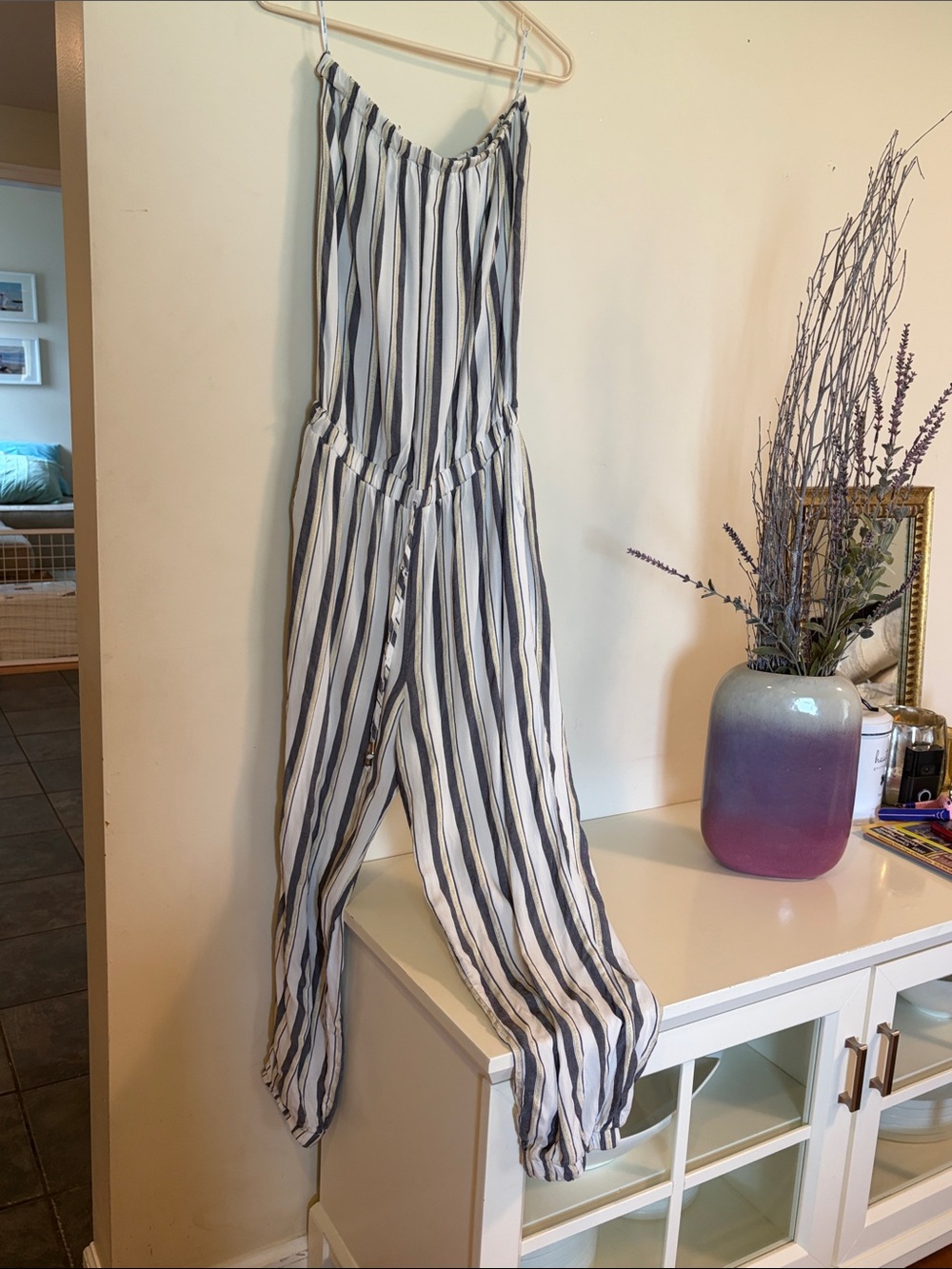 blue island White and navy Vertical-Stripe Strapless Jumpsuit
